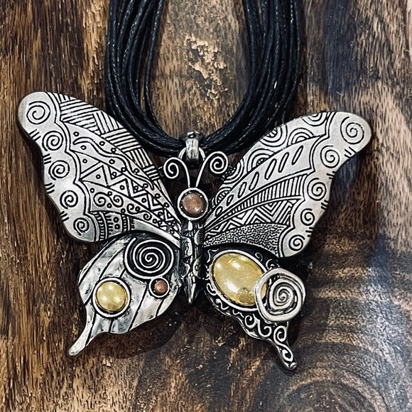 TRIBAL BUTTERFLY NECKLACE multi textured multi metal layered cord chain ARTISAN - Picture 6 of 12